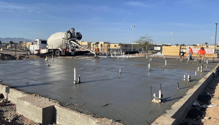 Concrete foundation being poured for a commercial building in Lake Havasu City, Arizona.